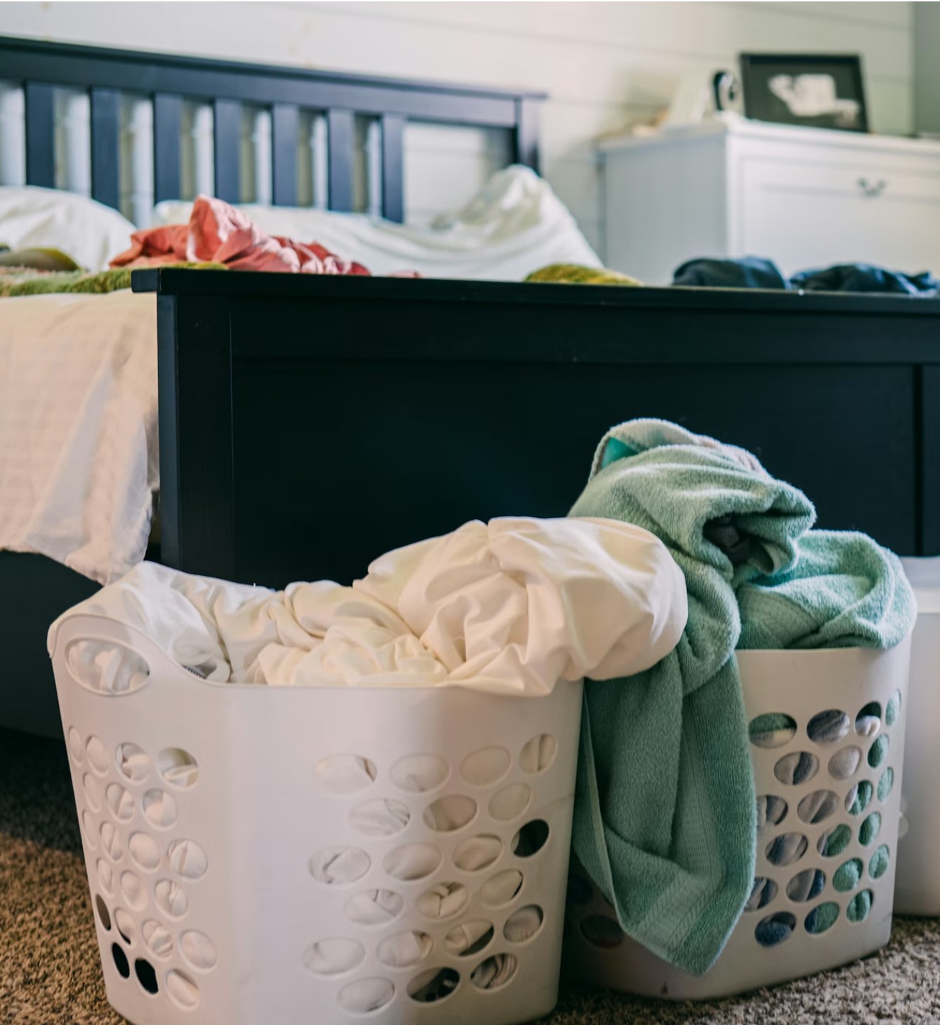 dirty clothes in a laundry basket